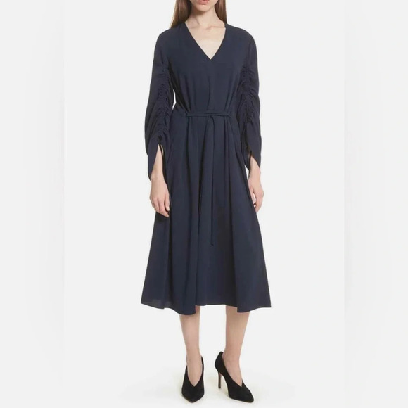 TIBI Navy Ruched Convertible Sleeve Stretch Crepe Midi V-Neck Dress Size 8 NWOT - Picture 9 of 14